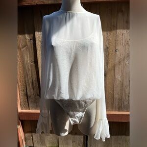 HAH bodysuit, lace cami with sheer blousy long sleeve top. Size L.